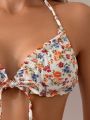 SHEIN Swim Mod Women'S Floral Print Halter Neck Tie Bikini Set With Separated Bottom