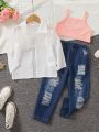 SHEIN Kids EVRYDAY Young Girl Pink Camisole Top And Blue Distressed Jeans Set