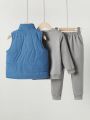 SHEIN Kids EVRYDAY Little Boys' Button-front Vest, Round Neck Sweatshirt And Sweatpants Outfit