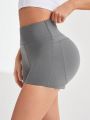 SHEIN Yoga Basic High Waist Back Love Peach Butt Line Yoga Shorts Waist Gathered Sports Shorts For Women