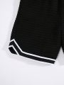 SHEIN Boys' Casual Patchwork Drawstring Waist Knitted Shorts With Text Detail, Streetwear Style