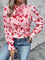 Heart-shaped Printed Ruffle Trim Blouse