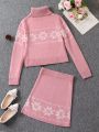 SHEIN Kids HYPEME Tween Girl Snowflake Pattern Turtleneck Sweater & Knit Skirt