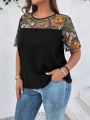 SHEIN LUNE Plus Size Embroidered Mesh Patchwork T-Shirt