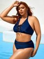 SHEIN Swim BAE Women's Plus Size Blue Halter Neck Swimsuit With Tie