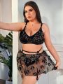 Plus Size Women'S Embroidery Mesh Sexy Lingerie 3pcs Set