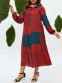 Plus Size Lantern Sleeve Contrast Color Shirt Dress