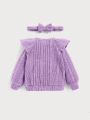 SHEIN Newborn Baby Girls' Solid Color Ruffle Edge Long Sleeve Top, Pants, And Headband 3 Piece Outfit Set
