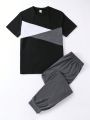 Teenage Boys' Color Block Top And Solid Color Pants Two-Piece Set