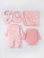 SHEIN Baby 1pc Cartoon Graphic Bodysuit & 1pc Footed Jumpsuit & 1pc Headband & 1pair Gloves & 1pc Bib