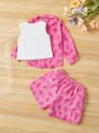 SHEIN Baby Girls' Casual Leopard Print Pink 3pcs/set Including Long Sleeve Shirt, Sleeveless Vest, Elastic Waist Shorts