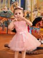 Baby Girl Three-Dimensional Rose Top And Oversized Puff Skirt Skirt Set Is Elegant And Cute