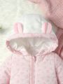 Baby Girl Heart Print 3D Ear Design Hooded Zipper Front Thermal Lined Jumpsuit