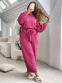 SHEIN Essnce Women's Plus Size Solid Color Jumpsuit With Lantern Sleeves And Waist Belt