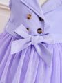 Baby Girl Sleeveless Dress With Lapel Collar, Double-Breasted Waist Belt, Mesh Overlay And Ruffled Hem