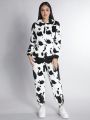 SHEIN PETITE Cow Patterned Flannel Jumpsuit With 3d Ear Decorations