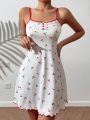 Women's Cherry Printed Contrast Trimmed Cami Nightgown