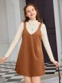 Teen Girls' Ribbed Stand Collar T-Shirt And Corduroy Suspender Skirt Set