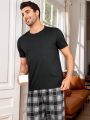 Men'S Solid Color T-Shirt And Plaid Pants Homewear Set