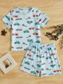 SHEIN Toddler Boys Car Print Tee & Shorts Snug Fit PJ Set