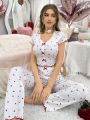 Ladies' Heart Pattern Printed Short Sleeve Long Pant Pajamas Set