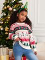 SHEIN Girls Christmas Pattern Drop Shoulder Sweater