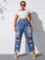 Women'S Plus Size Plaid & Snowflake Printed Distressed Jeans