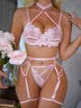 SHEIN Women's Sexy Lingerie Set With Flower Embroidery & Mesh Patchwork