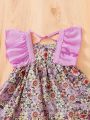 Baby Girl Floral Print Ruffle Trim Dress With Hat