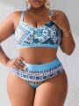 SHEIN Swim BohoFeel Plus Size Floral Print Cross-criss Back Bikini Swimwear Set