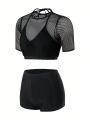 SHEIN Swim SPRTY 2pcs/set See-through Mesh Splice Swimwear