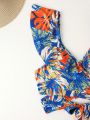 SHEIN Swim Vcay Women's Tropical Plant Print Ruffled Two-Piece Swimsuit