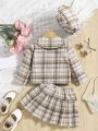 SHEIN Baby Girls' Vintage Plaid Doll Collar Coat, Pleated Skirt, And Hat Set