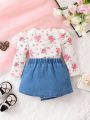 2-Piece Baby Girl Round Neck Floral All-Over Printed Puff Sleeve T-Shirt And Irregular Denim Skirt Set