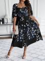 SHEIN Frenchy Plus Floral Print Sweetheart Neck Puff Sleeve Dress