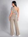 SHEIN PETITE Women's Fashionable Monochrome Cold Shoulder Crop Top And Long Pants Set