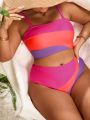 SHEIN Swim Vcay Plus Size Women's Color Block Waist Cut Out Swimwear Set