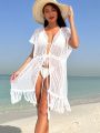 SHEIN Swim BohoFeel Hollow Out Fringe Hem Tie Front Kimono