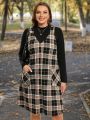 SHEIN LUNE Plus Size Women's Plaid Overalls Dress With Double Pockets