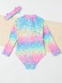 Little Girl'S Heart Pattern Gradient Color Long-Sleeved One-Piece Swimsuit