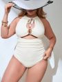 SHEIN Swim Chicsea Women's Plus Size Pure Color Pleated Texture Cutout One-Piece Swimsuit