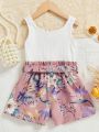 SHEIN Kids SUNSHNE Young Girl Solid Color Top & Floral Pattern Patchwork Romper