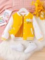 Young Girl Floral Patch Striped Trim Colorblock Varsity Jacket