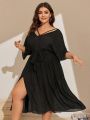 SHEIN Swim Basics Plus Size Cross V-Neck Split Hem Belted Cover Up Dress