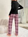 Women's Monogram Printed Long Sleeve Top And Plaid Trousers Pajama Set