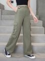 Girls' (big) New Arrival Camo Green Cargo Multi-pockets Straight Leg Jeans