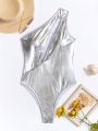 SHEIN Swim BAE Women'S Metallic Fabric One Shoulder One-Piece Swimsuit