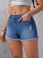 Ripped Raw Hem Denim Shorts