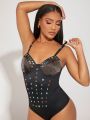 Asavvy Mixed Media Rhinestone Cami Bodysuit