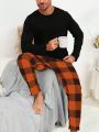 Men's Solid Color Long Sleeve T-shirt And Plaid Pants Pajama Set